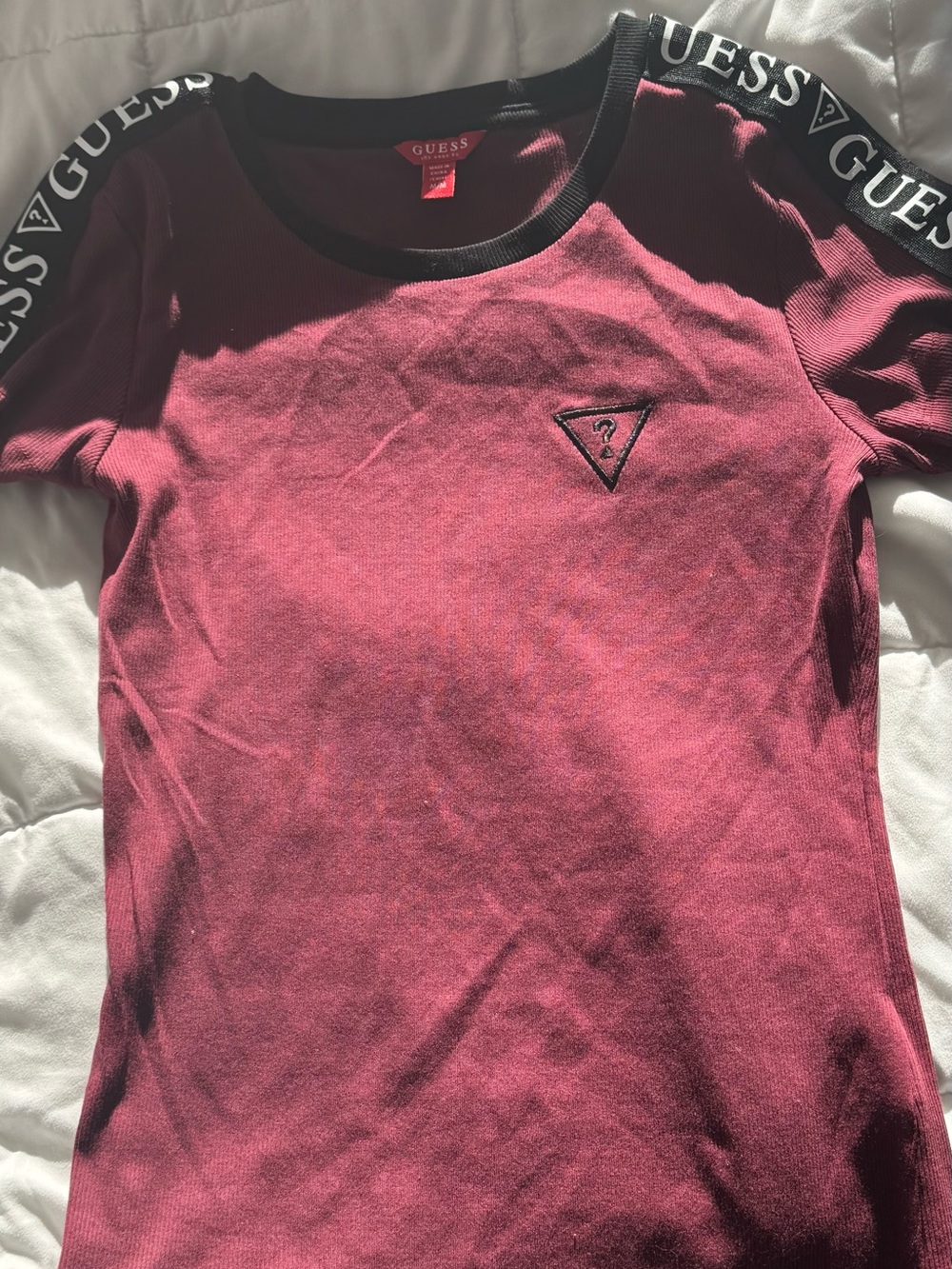 GUESS Burgundy Short Sleeve Logo Tee with Black Trim